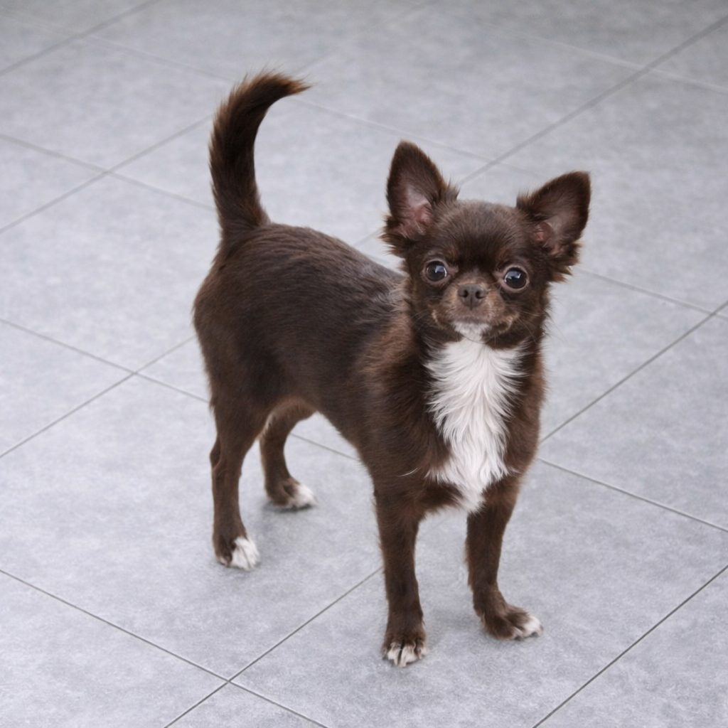 Chihuahua pelo longo na cor chocolate