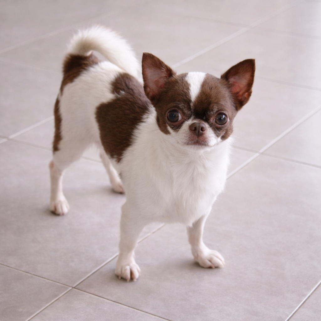 Chihuahua de pelo curto branco com chocolate